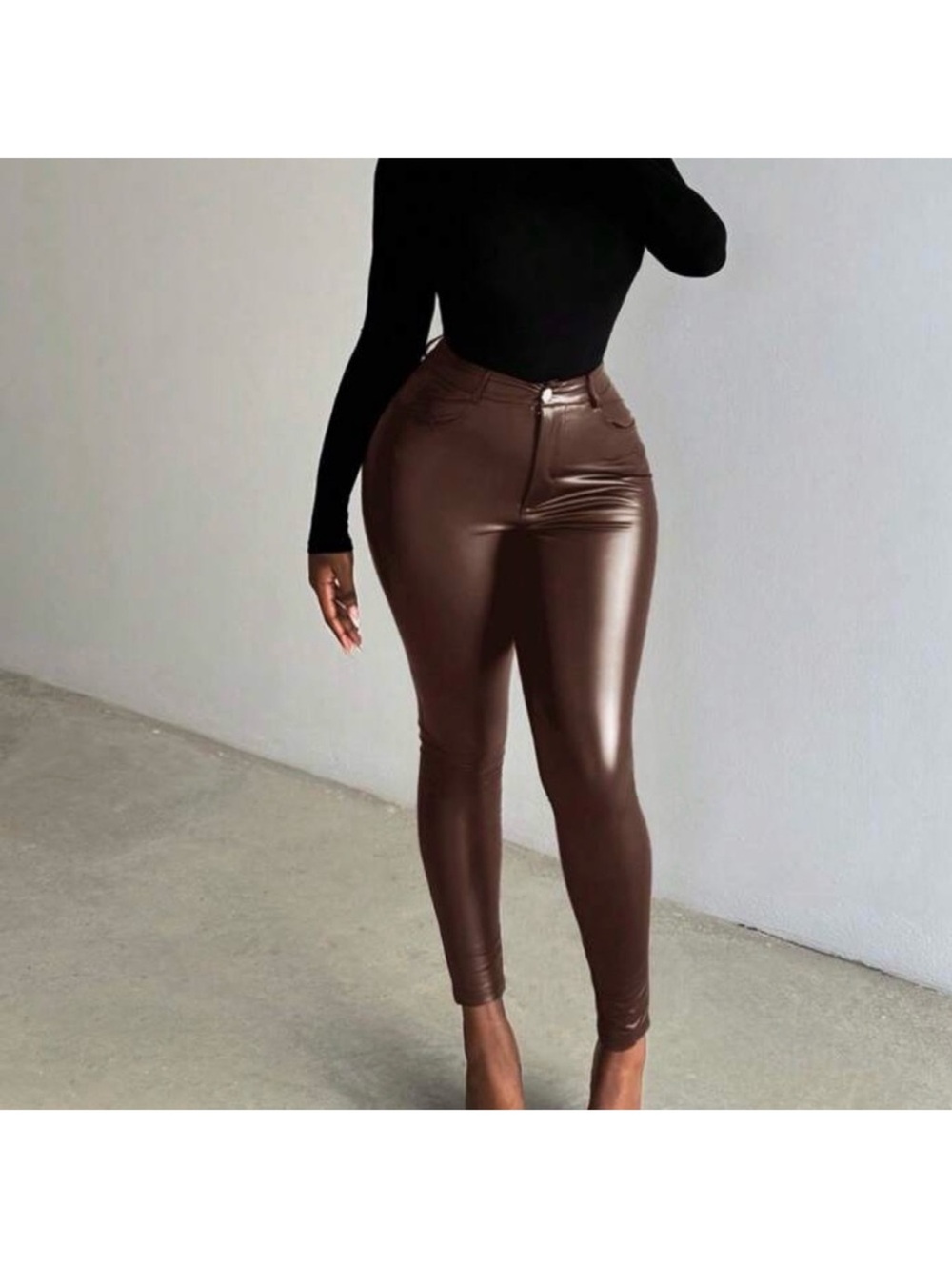 High-Waist Faux Leather Brown Skinny Pants